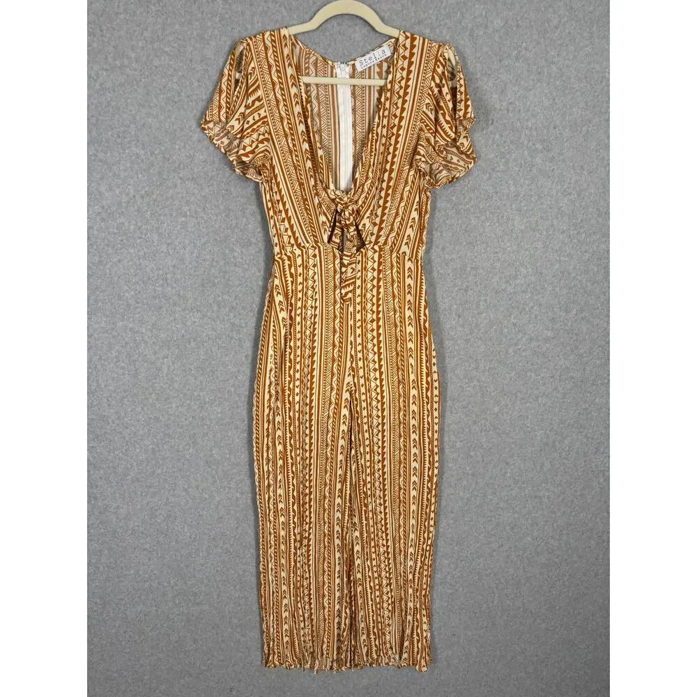 Stella Jumpsuit Medium Mustard Crop Tie Front Flowy Gauze Crinkle Boho Ikat Vaca